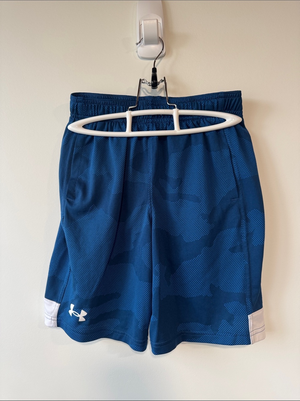 Under Armour Navy Blue Camo Athletic Shorts with White Trim